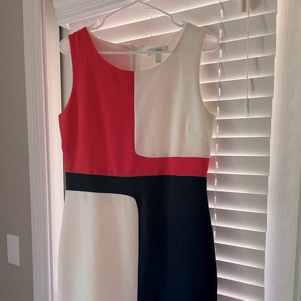 Color block dress for work or evening wear. Navy, cream and red/coral.